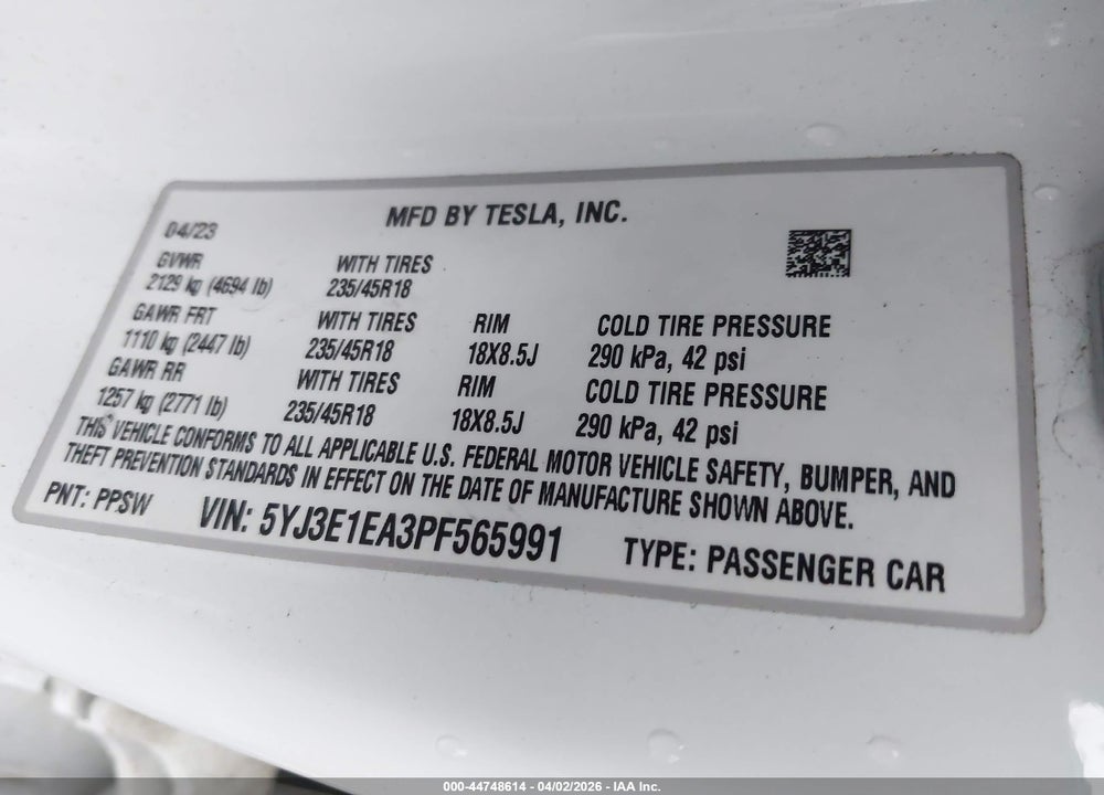 2023 TESLA MODEL 3 REAR-WHEEL DRIVE VIN: 5YJ3E1EA3PF565991