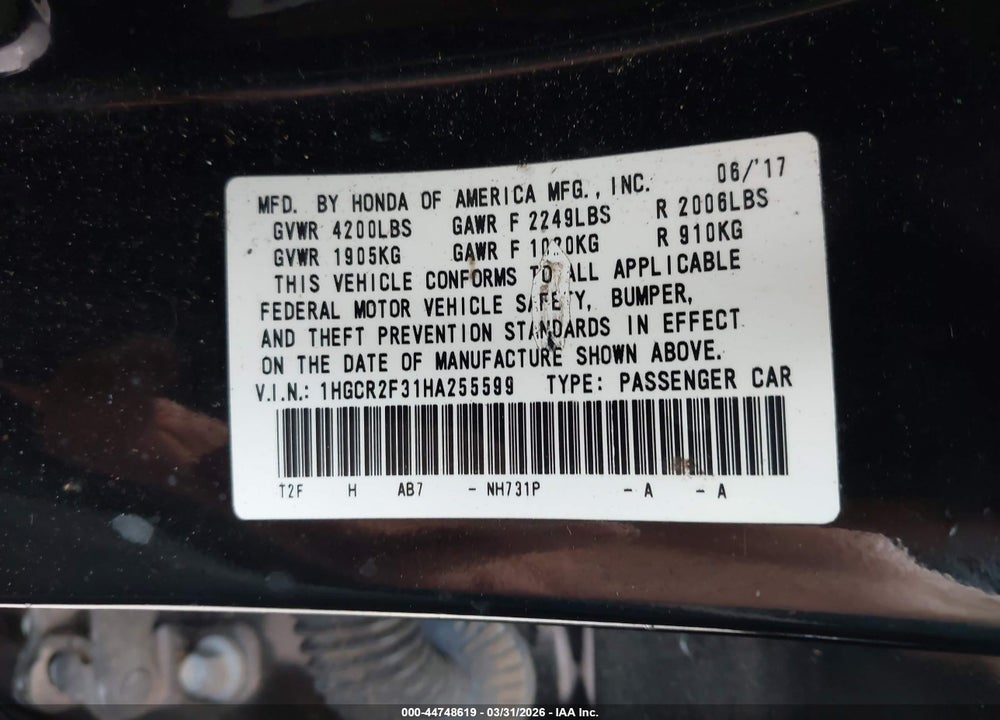 2017 HONDA ACCORD SEDAN VIN: 1HGCR2F31HA255599