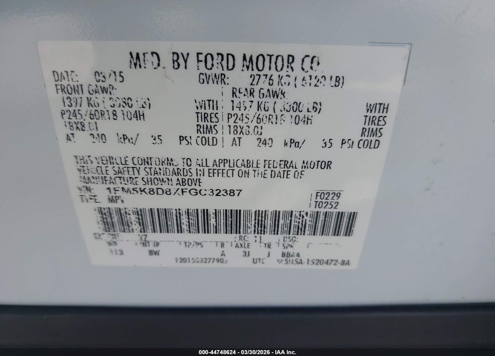 2015 FORD EXPLORER XLT VIN: 1FM5K8D8XFGC32387