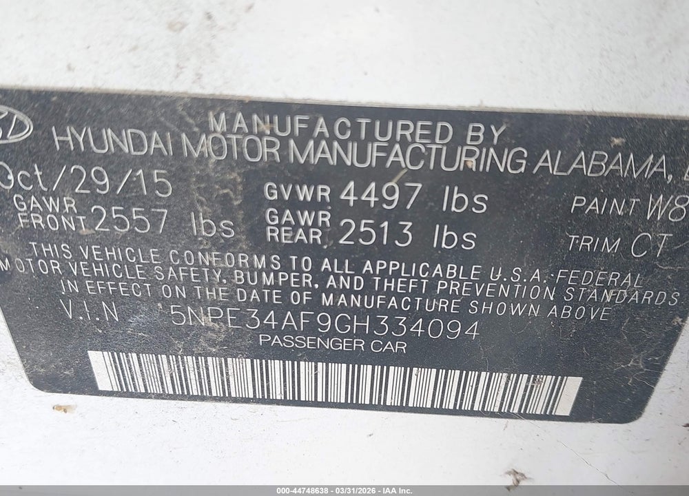 2016 HYUNDAI SONATA SPORT VIN: 5NPE34AF9GH334094