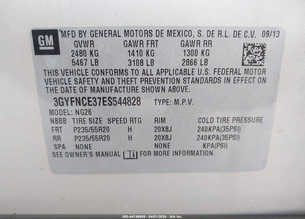 2014 CADILLAC SRX PERFORMANCE COLLECTION VIN: 3GYFNCE37ES544828