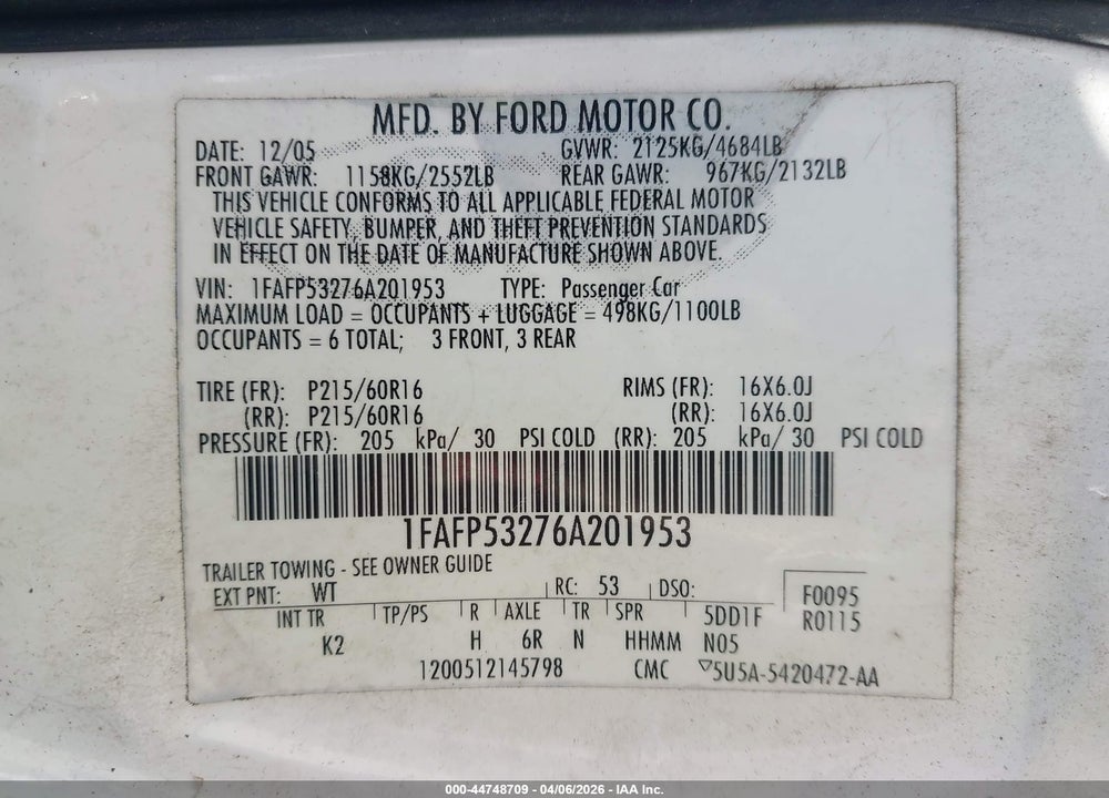 2006 FORD TAURUS SE VIN: 1FAFP53276A201953