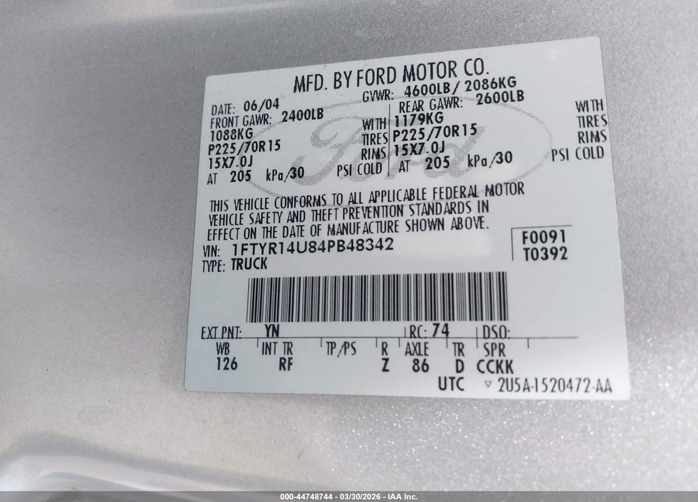 2004 FORD RANGER EDGE/TREMOR/XL/XLT VIN: 1FTYR14U84PB48342