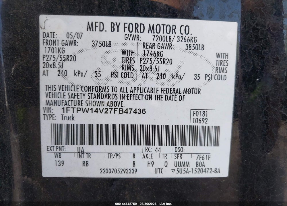 2007 FORD F-150 FX4/LARIAT/XLT VIN: 1FTPW14V27FB47436