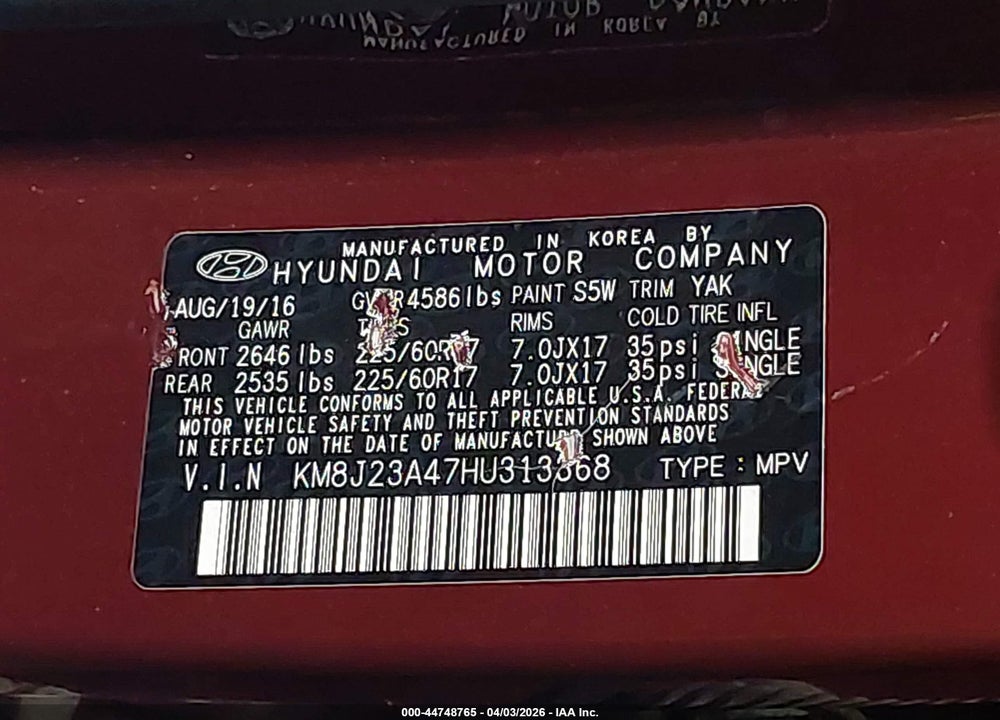 2017 HYUNDAI TUCSON SE VIN: KM8J23A47HU313368
