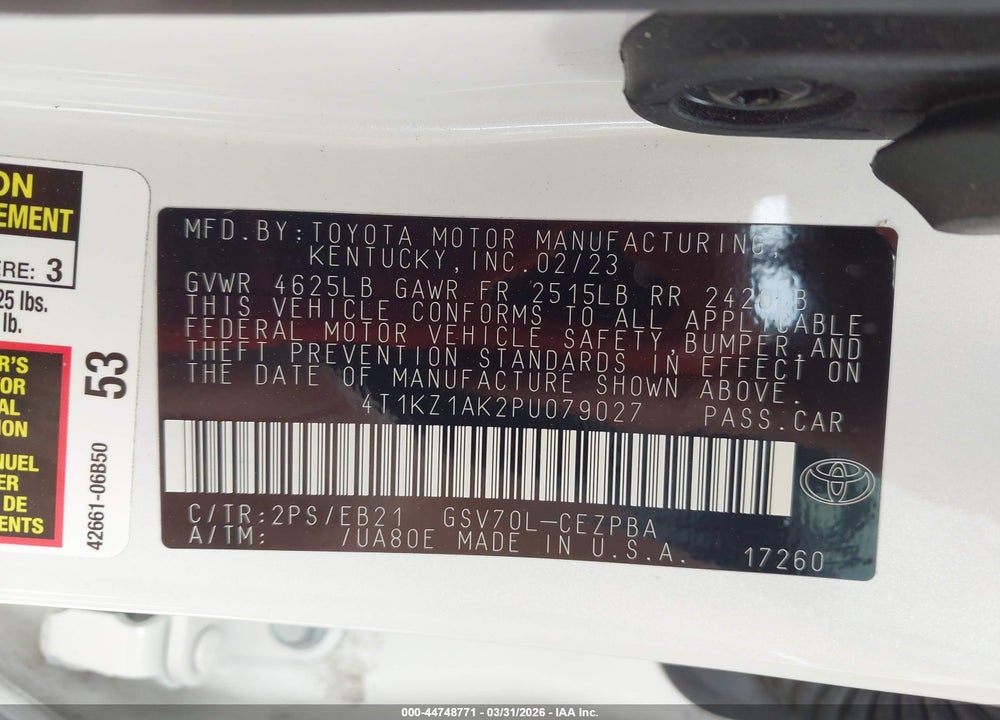 2023 TOYOTA CAMRY TRD VIN: 4T1KZ1AK2PU079027
