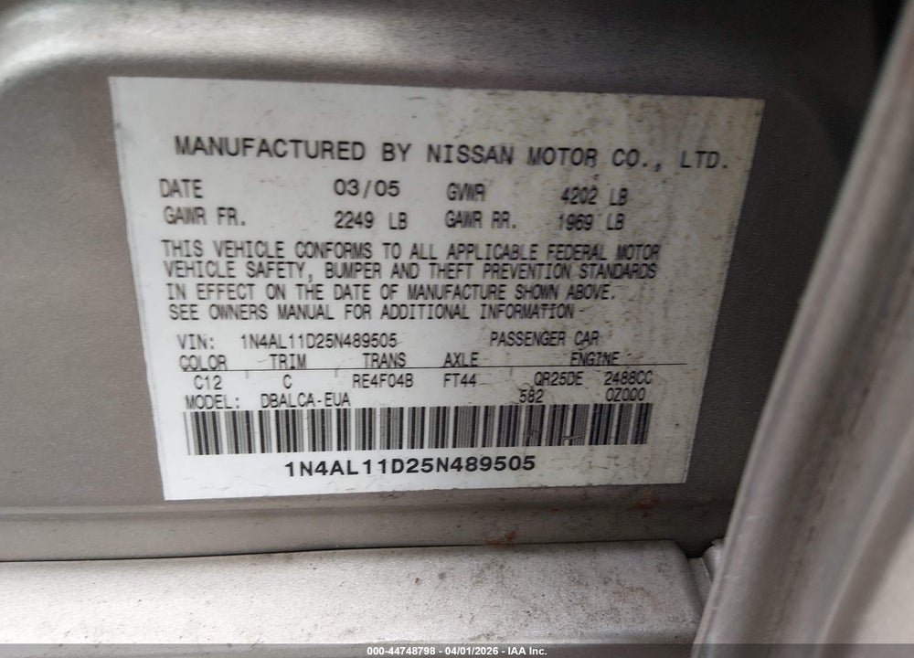 2005 NISSAN ALTIMA 2.5 S VIN: 1N4AL11D25N489505