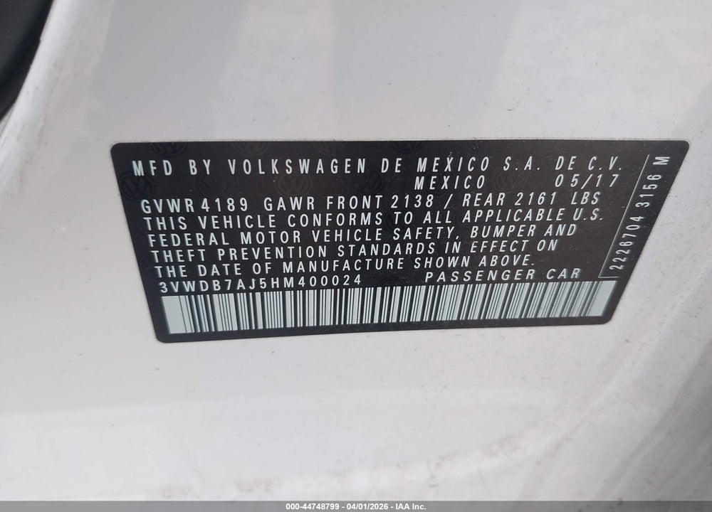2017 VOLKSWAGEN JETTA 1.4T SE VIN: 3VWDB7AJ5HM400024