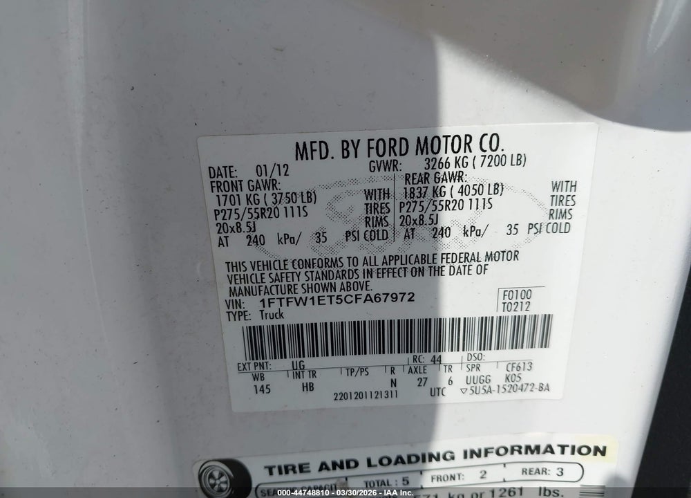 2012 FORD F-150 LARIAT VIN: 1FTFW1ET5CFA67972