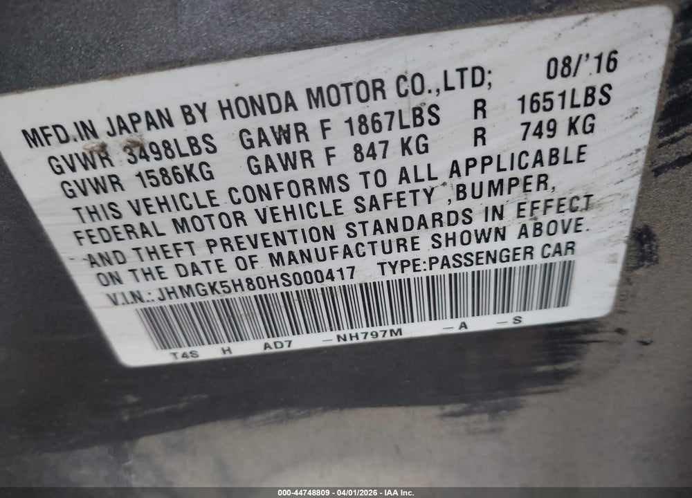2017 HONDA FIT EX-L VIN: JHMGK5H80HS000417