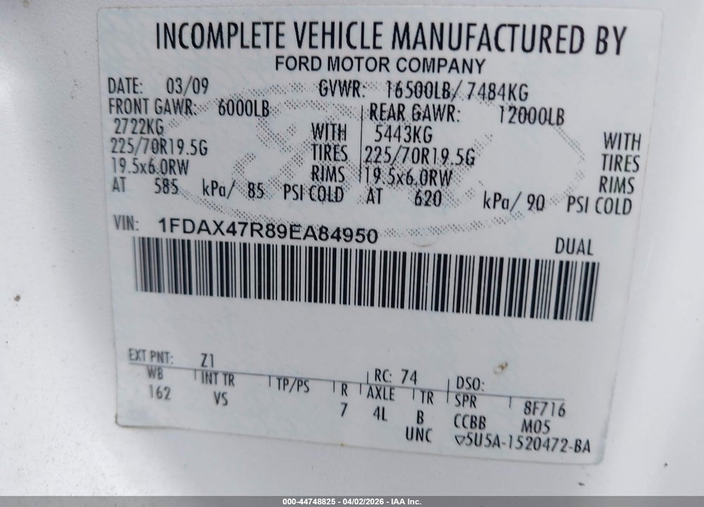 2009 FORD F-450 CHASSIS LARIAT/XL/XLT VIN: 1FDAX47R89EA84950