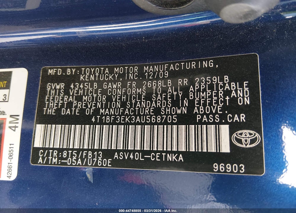2010 TOYOTA CAMRY LE VIN: 4T1BF3EK3AU568705
