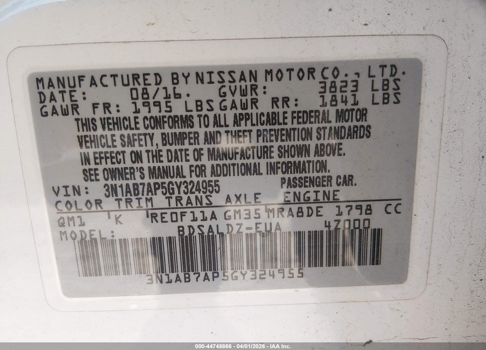2016 NISSAN SENTRA SV VIN: 3N1AB7AP5GY324955
