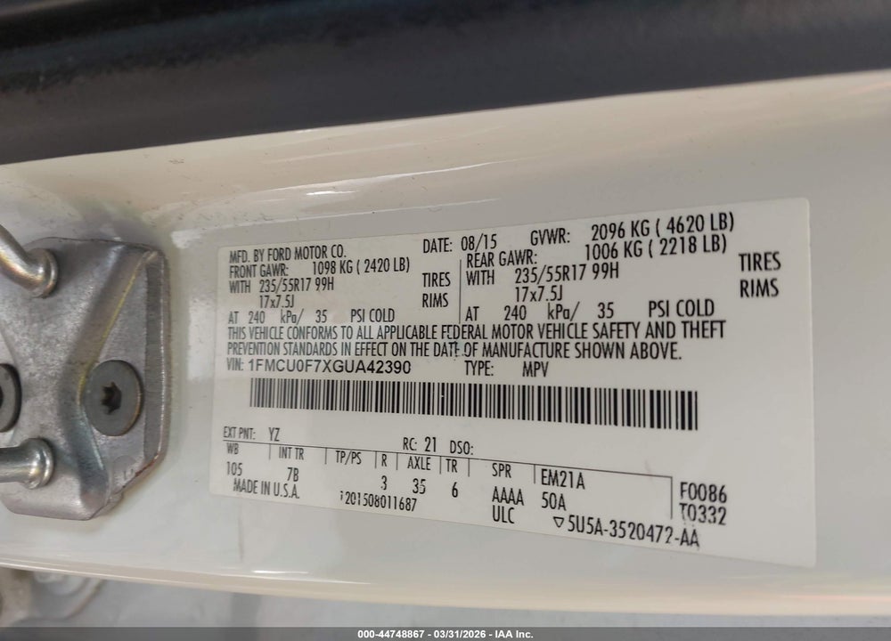 2016 FORD ESCAPE S VIN: 1FMCU0F7XGUA42390