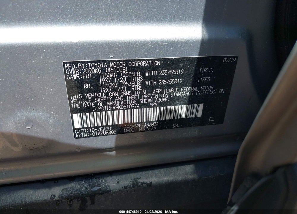 2019 TOYOTA RAV4 XLE PREMIUM VIN: JTMC1RFV9KD510974