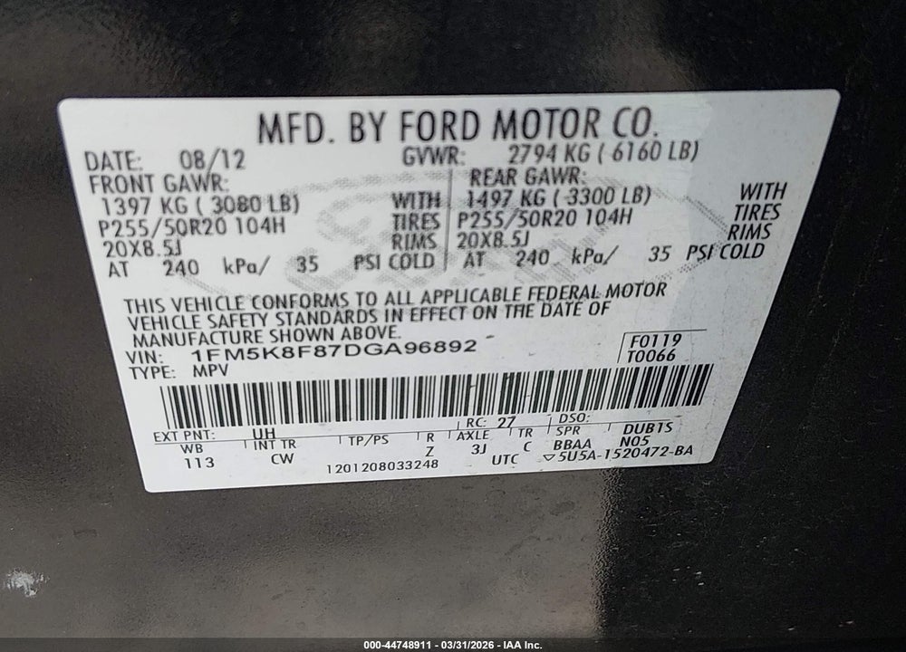 2013 FORD EXPLORER L VIN: 1FM5K8F87DGA96892