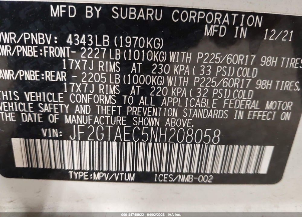 2022 SUBARU CROSSTREK PREMIUM VIN: JF2GTAEC5NH208058