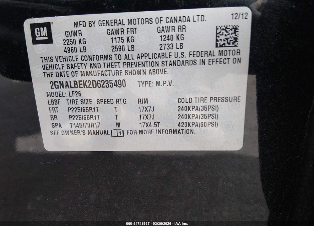 2013 CHEVROLET EQUINOX LS VIN: 2GNALBEK2D6235490
