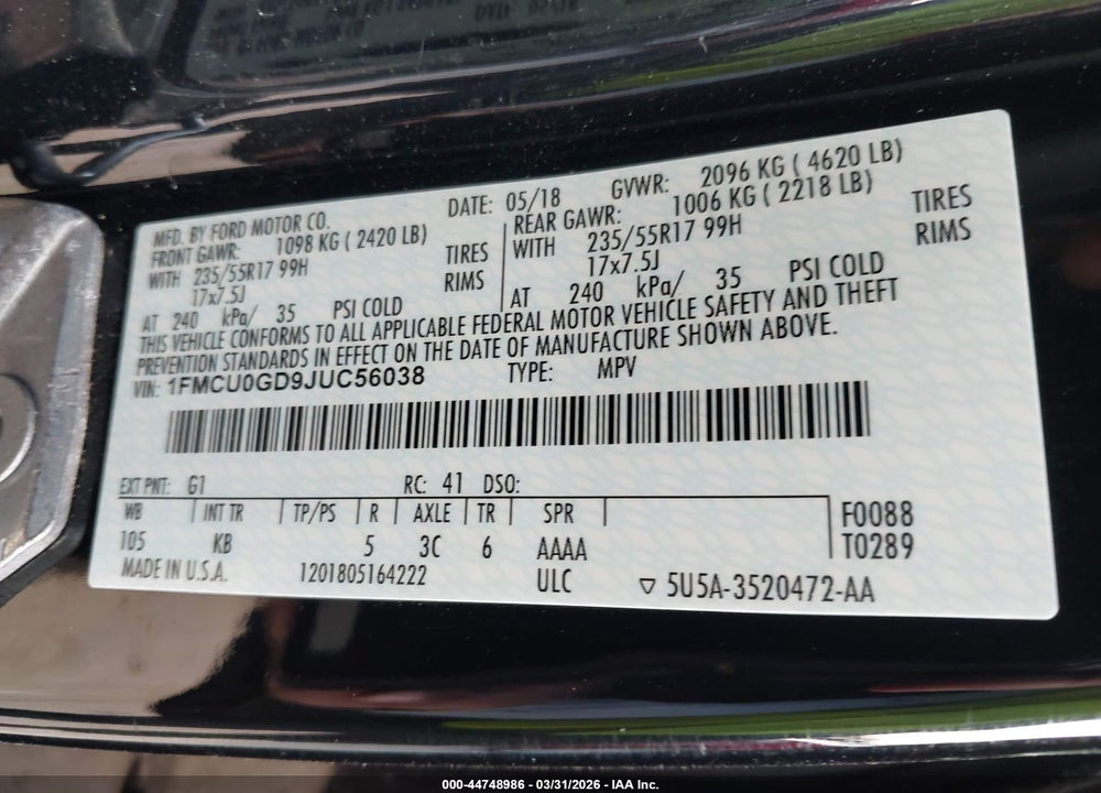 2018 FORD ESCAPE SE VIN: 1FMCU0GD9JUC56038