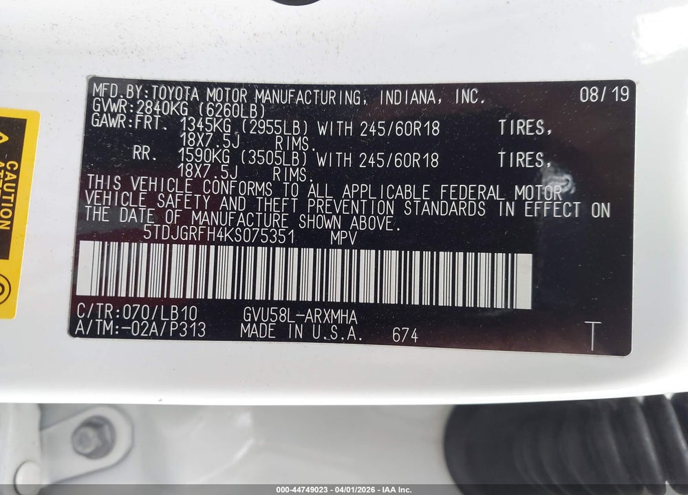 2019 TOYOTA HIGHLANDER HYBRID XLE VIN: 5TDJGRFH4KS075351