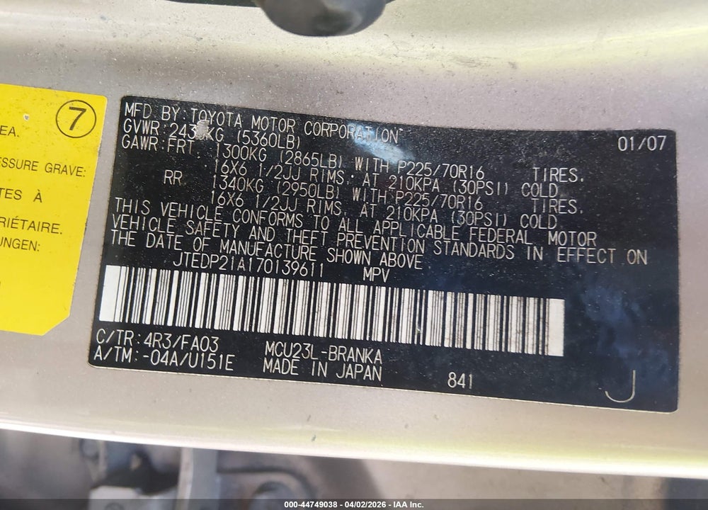 2007 TOYOTA HIGHLANDER V6 VIN: JTEDP21A170139611