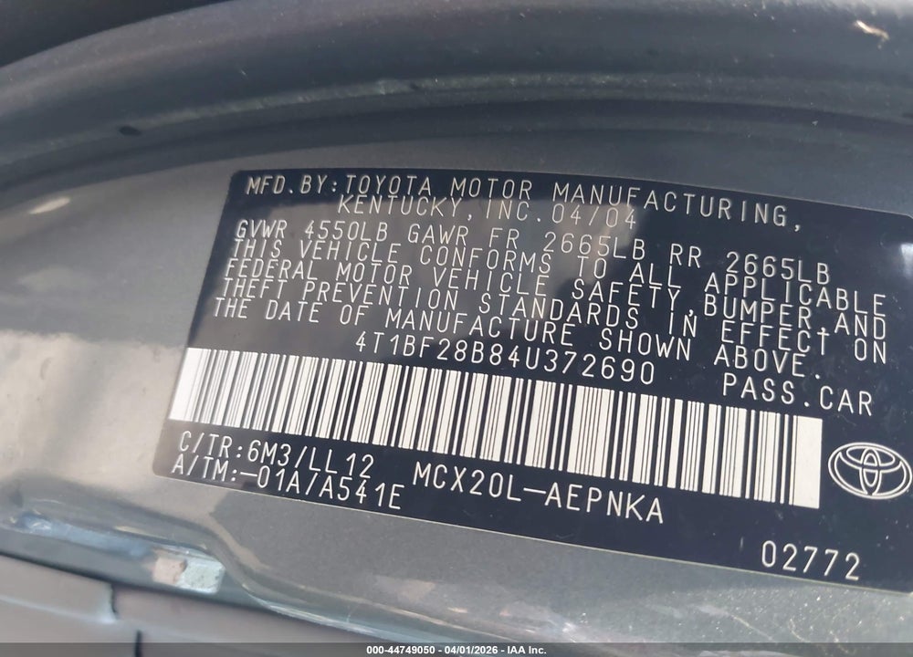 2004 TOYOTA AVALON XL VIN: 4T1BF28B84U372690