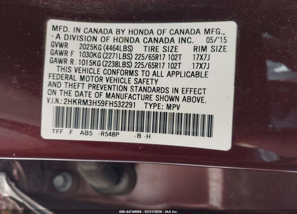 2015 HONDA CR-V EX VIN: 2HKRM3H59FH532291