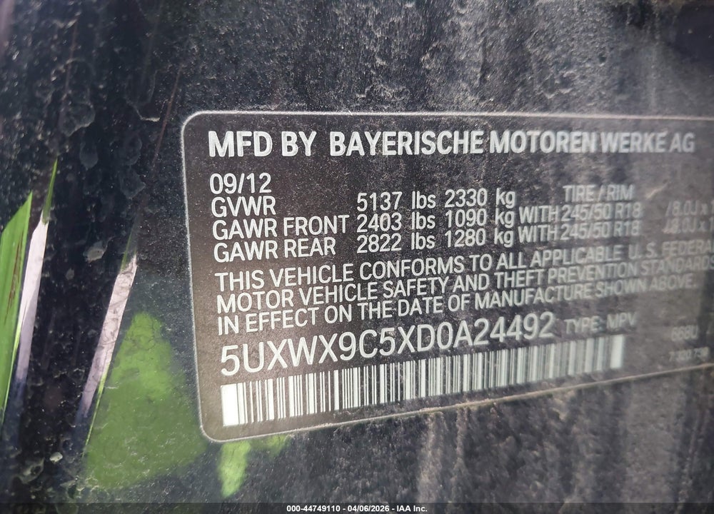 2013 BMW X3 XDRIVE28I VIN: 5UXWX9C5XD0A24492