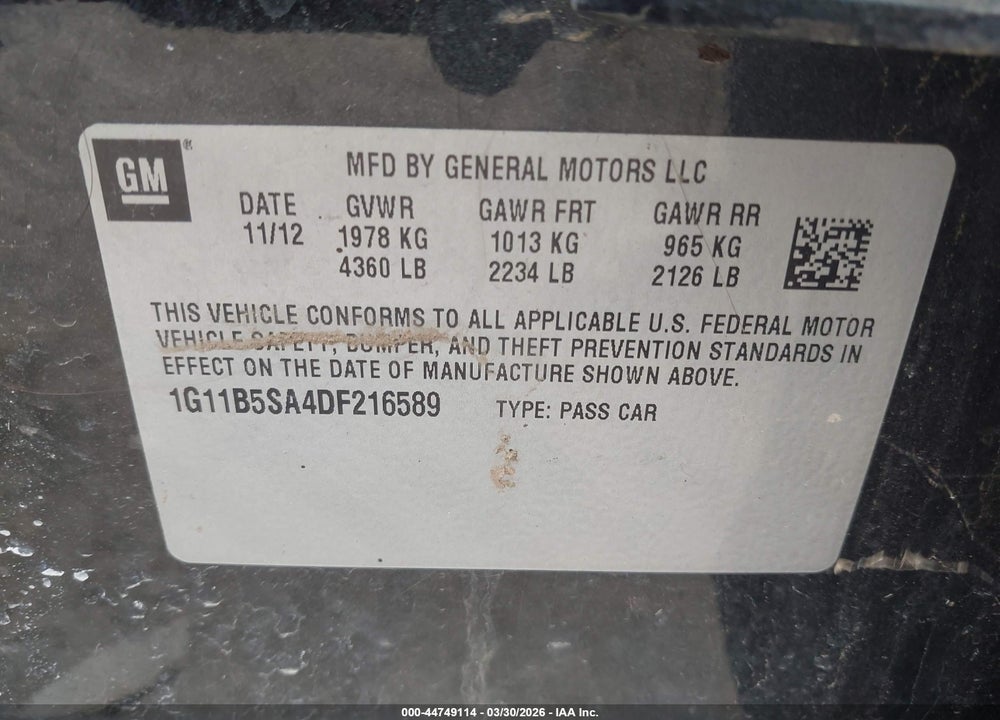 2013 CHEVROLET MALIBU 1LS VIN: 1G11B5SA4DF216589