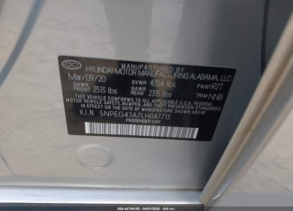 2020 HYUNDAI SONATA SE VIN: 5NPEG4JA7LH047713