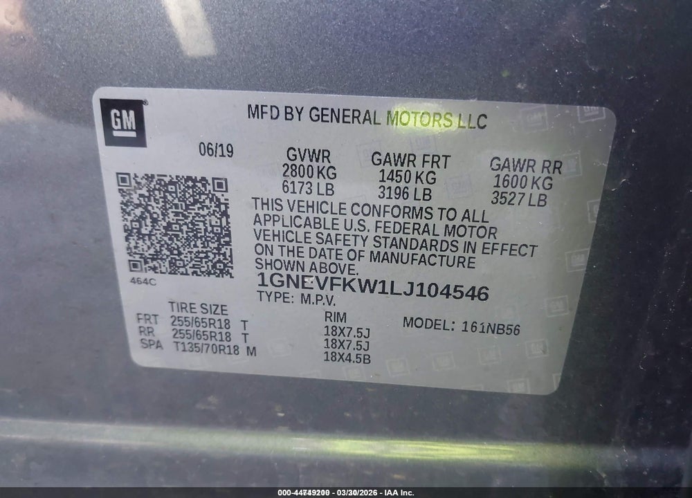 2020 CHEVROLET TRAVERSE AWD LS VIN: 1GNEVFKW1LJ104546