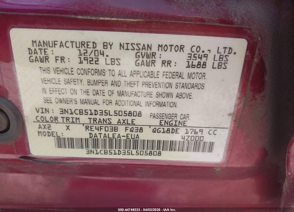 2005 NISSAN SENTRA 1.8S VIN: 3N1CB51D35L505808