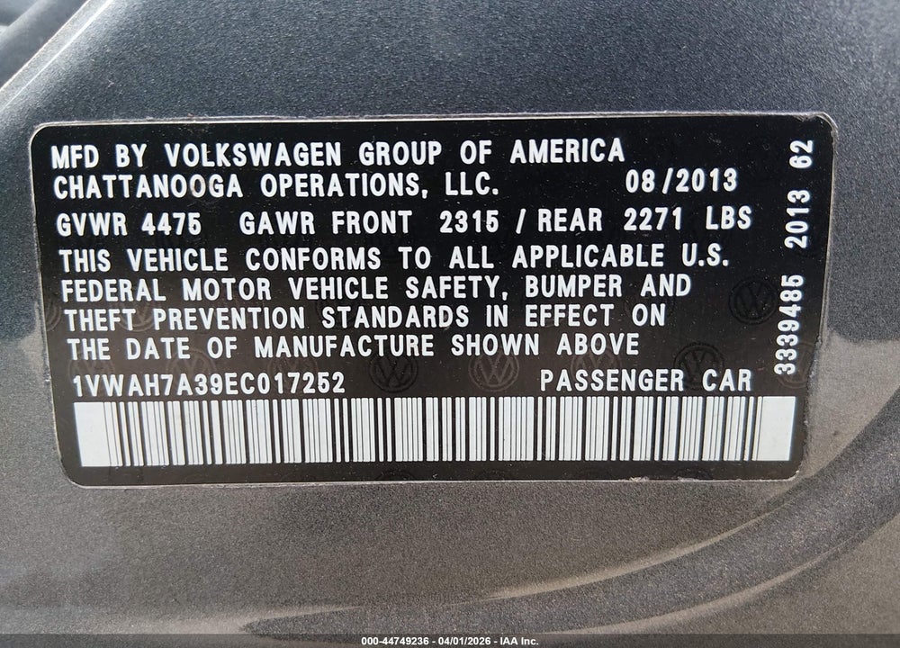 2014 VOLKSWAGEN PASSAT 2.5L WOLFSBURG EDITION VIN: 1VWAH7A39EC017252