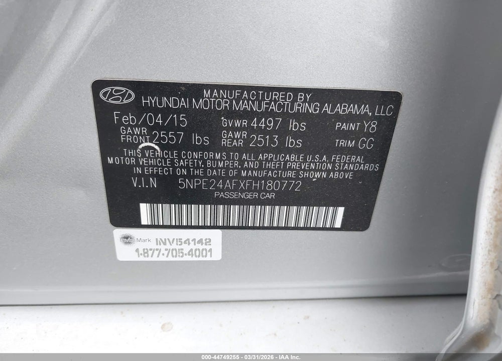 2015 HYUNDAI SONATA SE VIN: 5NPE24AFXFH180772