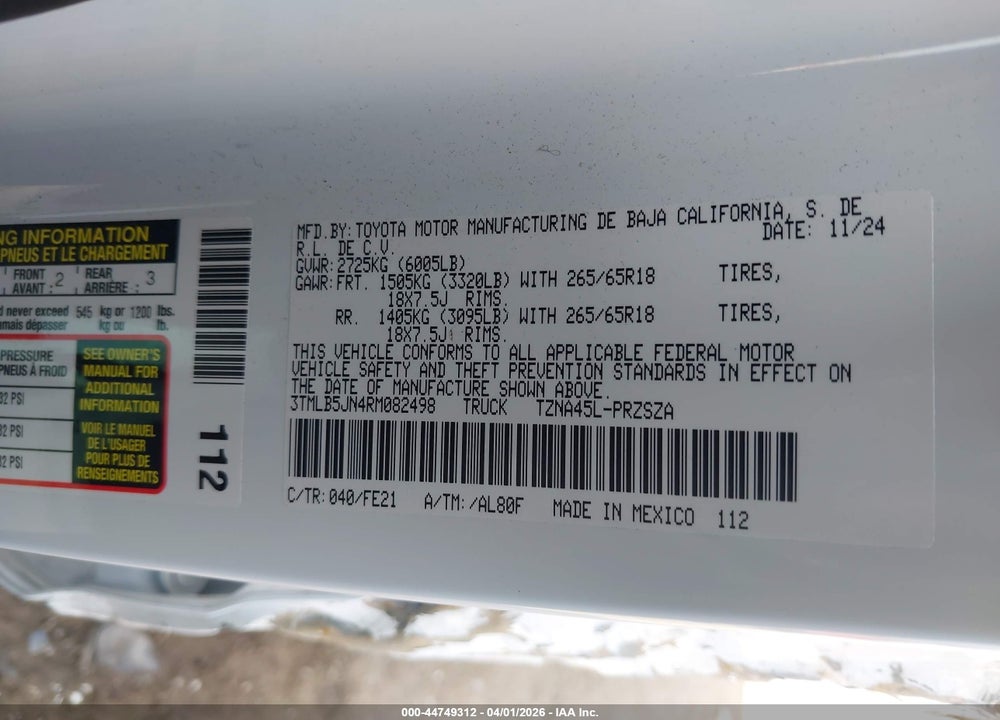 2024 TOYOTA TACOMA TRD SPORT VIN: 3TMLB5JN4RM082498