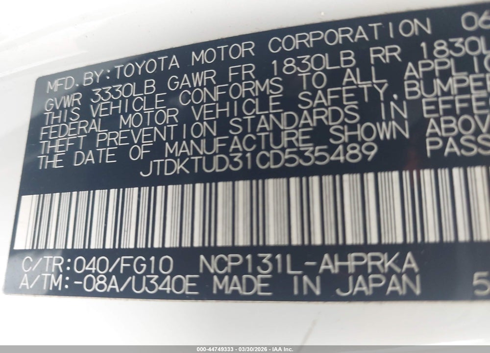 2012 TOYOTA YARIS L VIN: JTDKTUD31CD535489