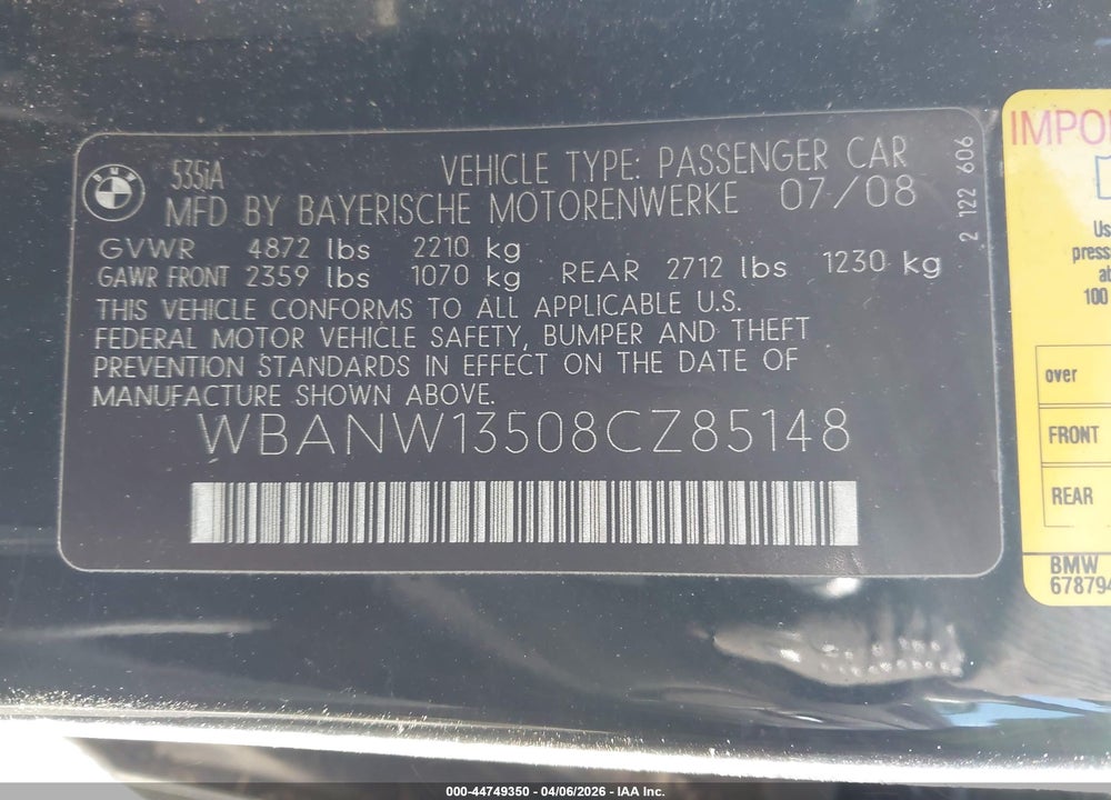 2008 BMW 535I VIN: WBANW13508CZ85148