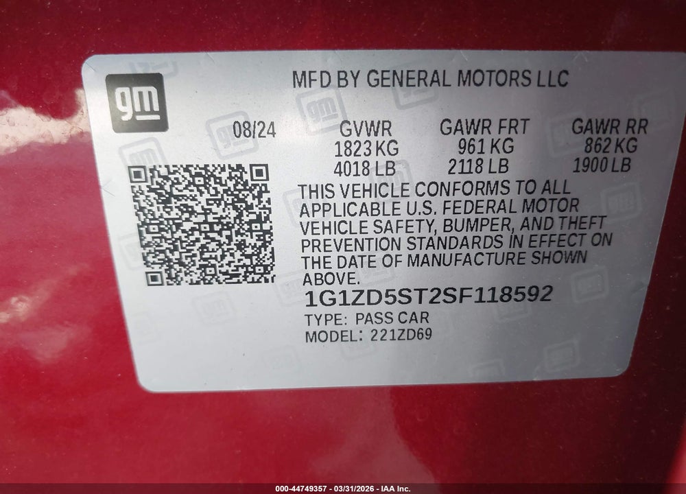 2025 CHEVROLET MALIBU FWD 1LT VIN: 1G1ZD5ST2SF118592