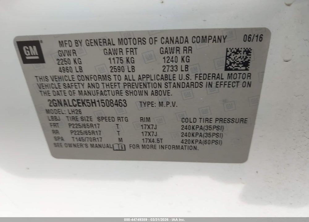 2017 CHEVROLET EQUINOX LT VIN: 2GNALCEK5H1508463