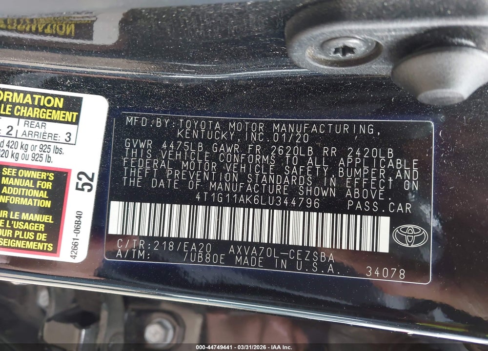 2020 TOYOTA CAMRY SE VIN: 4T1G11AK6LU344796
