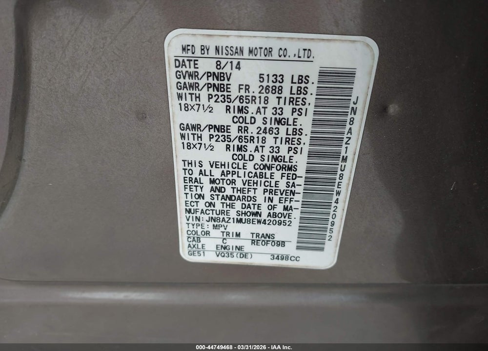 2014 NISSAN MURANO S VIN: JN8AZ1MU8EW420952