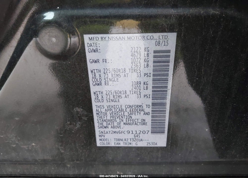 2015 NISSAN ROGUE SL VIN: 5N1AT2MV6FC911207