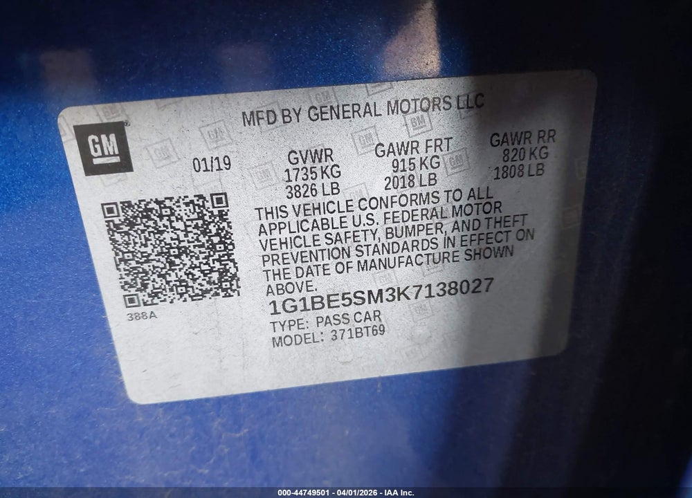 2019 CHEVROLET CRUZE LT VIN: 1G1BE5SM3K7138027