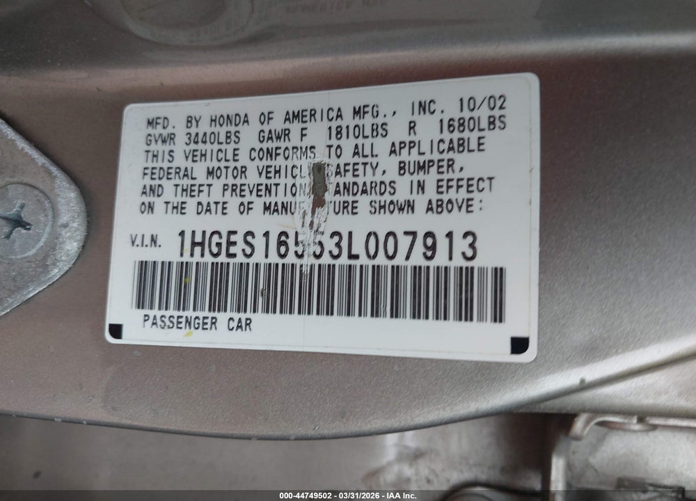 2003 HONDA CIVIC LX VIN: 1HGES16553L007913