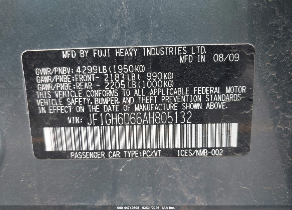 2010 SUBARU IMPREZA OUTBACK SPORT VIN: JF1GH6D66AH805132