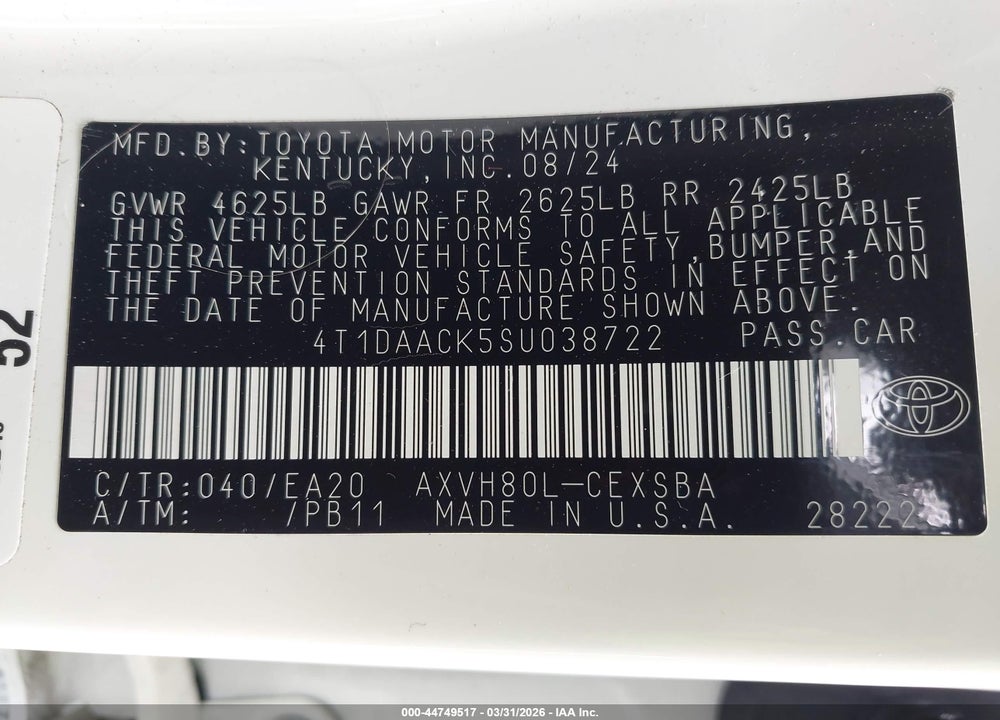 2025 TOYOTA CAMRY SE VIN: 4T1DAACK5SU038722
