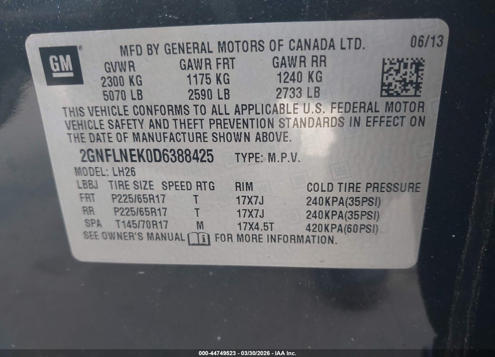 2013 CHEVROLET EQUINOX 2LT VIN: 2GNFLNEK0D6388425