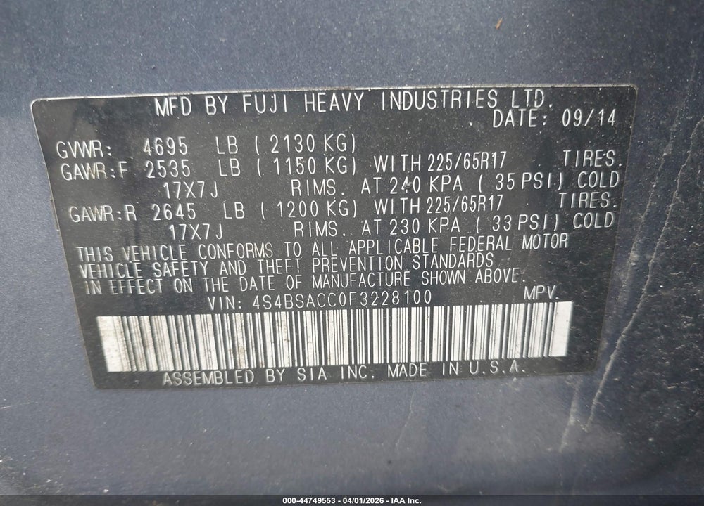 2015 SUBARU OUTBACK 2.5I PREMIUM VIN: 4S4BSACC0F3228100