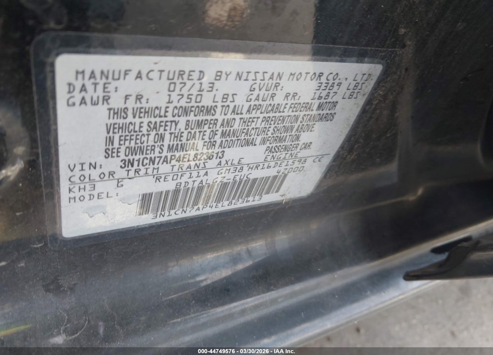 2014 NISSAN VERSA 1.6 SL VIN: 3N1CN7AP4EL823613