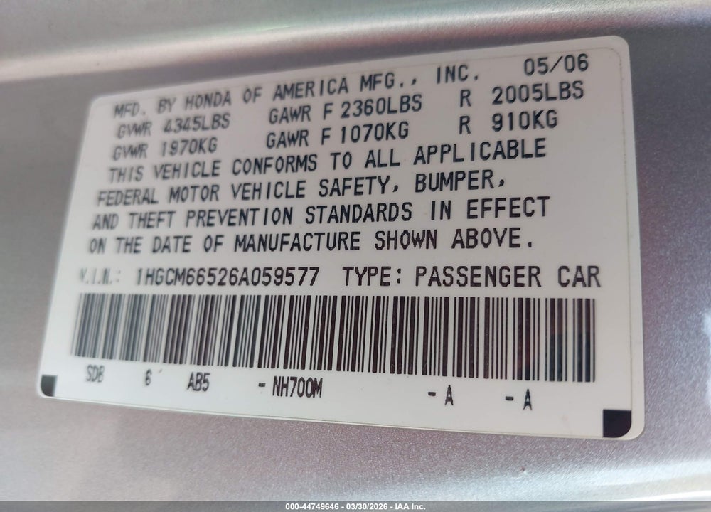 2006 HONDA ACCORD 3.0 EX VIN: 1HGCM66526A059577